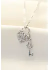 316L Zinciri Çelik Zirkon Taşlı Gümüş  Kalp ve Anahtar Tasarımlı Çelik Kolye