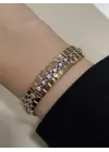 Çelik Gurmet Bileklik Rose Renk Kare Taşlı
