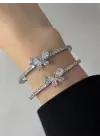 Beyaz Taşlı 2 li Kelebek Kelepçe Bilezik Gümüş