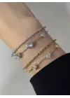 Beyaz Taşlı Kalpli 2 li Çelik Kelepçe Bileklik Gold Renk