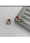 İnci Detaylı Kırmızı Pembe Taşlı Çiçek Desenli Abiye Küpe