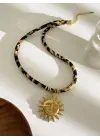 Leopar Desenli İp Zincirli Altın Güneş Kolye