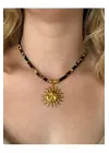 Leopar Desenli İp Zincirli Altın Güneş Kolye