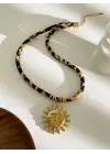 Leopar Desenli İp Zincirli Altın Güneş Kolye