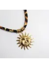 Leopar Desenli İp Zincirli Altın Güneş Kolye
