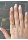 Çiçek Figürlü Üç Sıra Formlu Altın Renk Kadın Vip Çelik Yüzük