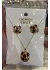 Topçuk Küre Model Kırmızı Lacivert Kolye Küpe Takı Seti