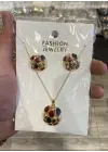 Topçuk Küre Model Kırmızı Lacivert Kolye Küpe Takı Seti
