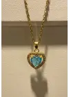 Mavi Turkuaz Taşlı Kalpli Altın Kaplama Kolye