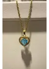 Mavi Turkuaz Taşlı Kalpli Altın Kaplama Kolye