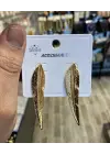 Uzun Altın Renk Tüy & Yaprak Model Günlük Kadın Küpe