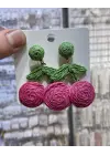 Yaz Tatillik El Yapımı Kiraz Figürlü Pembe Yeşil Kağıt Küpe