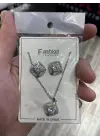 Tektaş Pırlanta Motifli Kare Model Gümüş Renk Kolye Küpe Takı Seti