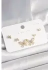 925 Ayar Çivi Gümüş Pirinç Gold Renk Zirkon Taşlı Kelebek Model Kadın Küpe Seti