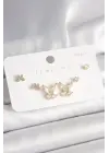 925 Ayar Gümüş Çivi Pirinç Gold Renk Zirkon Taşlı Kelebek Model Kadın Küpe Seti