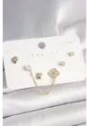 925 Ayar Gümüş Çivi Pirinç Gold Renk Zirkon Taşlı Yonca Model Sallantı Zincir Detay Kadın Küpe Seti