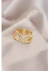 Ayarlamalı Gold Renk Metal Zirkon Taşlı Kalp Model Yüzük