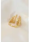 Ayarlamalı Gold Renk Metal Zirkon Taşlı Piramit Yüzük