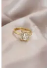 Ayarlamalı Altın Metal Zirkon ve Kristal Taşlı Dikdörtgen Model Yüzük