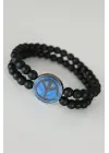 Barış Figürlü Mavi Renk Füme Metal Aksesuarlı Çift Sıra Oniks Doğal Taş Erkek Bileklik