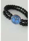 Barış Figürlü Mavi Renk Füme Metal Aksesuarlı Çift Sıra Oniks Doğal Taş Erkek Bileklik