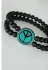Barış Figürlü Yeşil Renk Füme Metal Aksesuarlı Çift Sıra Oniks Doğal Taş Erkek Bileklik