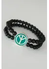 Barış Figürlü Yeşil Renk Silver Metal Aksesuarlı Çift Sıra Oniks Doğal Taş Erkek Bileklik