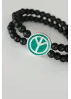 Barış Figürlü Yeşil Renk Silver Metal Aksesuarlı Çift Sıra Oniks Doğal Taş Erkek Bileklik