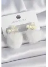 Beyaz Renk Kurdele Tüylü Ponpon Model Çelik Küpe