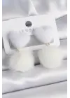 Beyaz Tüylü Kalp Ponpon Model Çelik Küpe