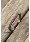 Bordo İpli Etnik Desenli Kadın Deri Bileklik