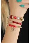 Bordo Kırmızı Boncuklu Bayan Bileklik