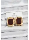 Bordo Mineli Kare Gold Renk Vintage Kadın Küpe