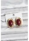 Bordo Renk Oval Vintage Pirinç Kadın Küpe
