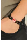 Bordo Renk  Renk Metal Barış Simgesi Tasarımlı Siyah Renk Mat Oniks Doğal Taş Erkek Bileklik