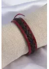 Bordo Renk Siyah İpli Deri Erkek Bileklik