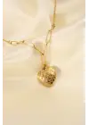 Çelik Altın Renk Çizgili Kalp Model Kadın Kolye