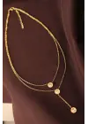 Çelik Altın Renk Taşlı Oval Model Çift Zincir Kolye
