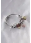 Çelik Charm Model Pembe Çilek Figür Kalp Detay Zirkon Taşlı Kadın Bileklik