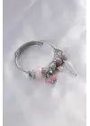 Çelik Charm Model Pembe Kelebek Figür Tüy Detay Zirkon Taşlı Kadın Bileklik