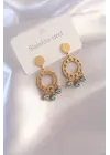 Çelik Gold Renk Daire Model Nazar Boncuk Detay Kadın Küpe