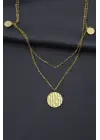 Çelik Gold Renk Desenli Oval Model Çift Zincir Tasarımlı Kadın Kolye