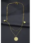 Çelik Gold Renk Desenli Oval Model Çift Zincir Tasarımlı Kadın Kolye