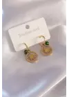 Çelik Gold Renk Güneş Figür Yeşil Kristal Detay Kadın Küpe