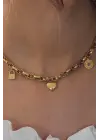 Çelik Gold Renk Kalın Zincir Model Kalp Figür Kadın Kolye