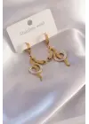 Çelik Gold Renk Yılan Figür Zirkon Taşlı Kadın Küpe