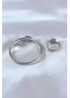 Çelik Gümüş Renk Burgu Model Erkek Bileklik Yüzük Seti