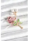 Pembe Yeşil Renkli Çiçek Model Broş İnci Detaylı