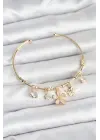 Çiçek ve Kelebek Charmlı Gold Renk Pirinç Kadın Bileklik