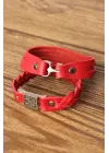 Desenli Metal Aksesuarlı Kırmızı Renk Deri Erkek Bileklik Kombin